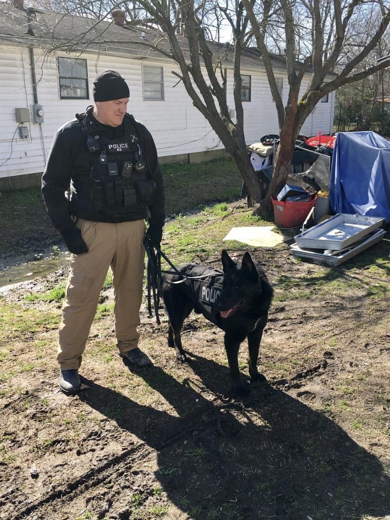 Person in tactical vest stands with a black service dog in a yard near a house and equipment.