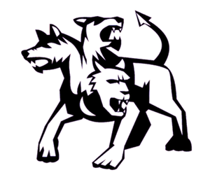 Black-and-white logo of a three-headed dog with a curled tail, in a bold, stylized pose
