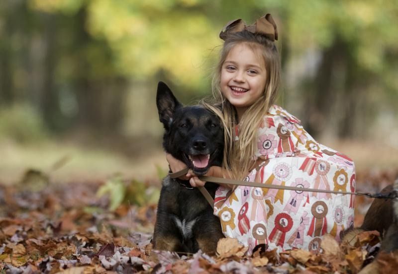 Girl in a floral dress sitting with a black dog in autumn leaves, smiling outdoors