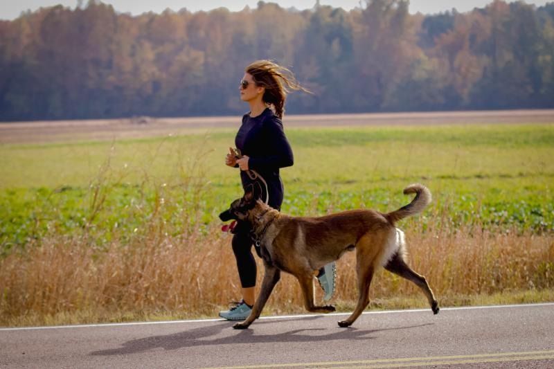 Woman jogging with a brown dog on a paved path beside open fields and autumn trees.