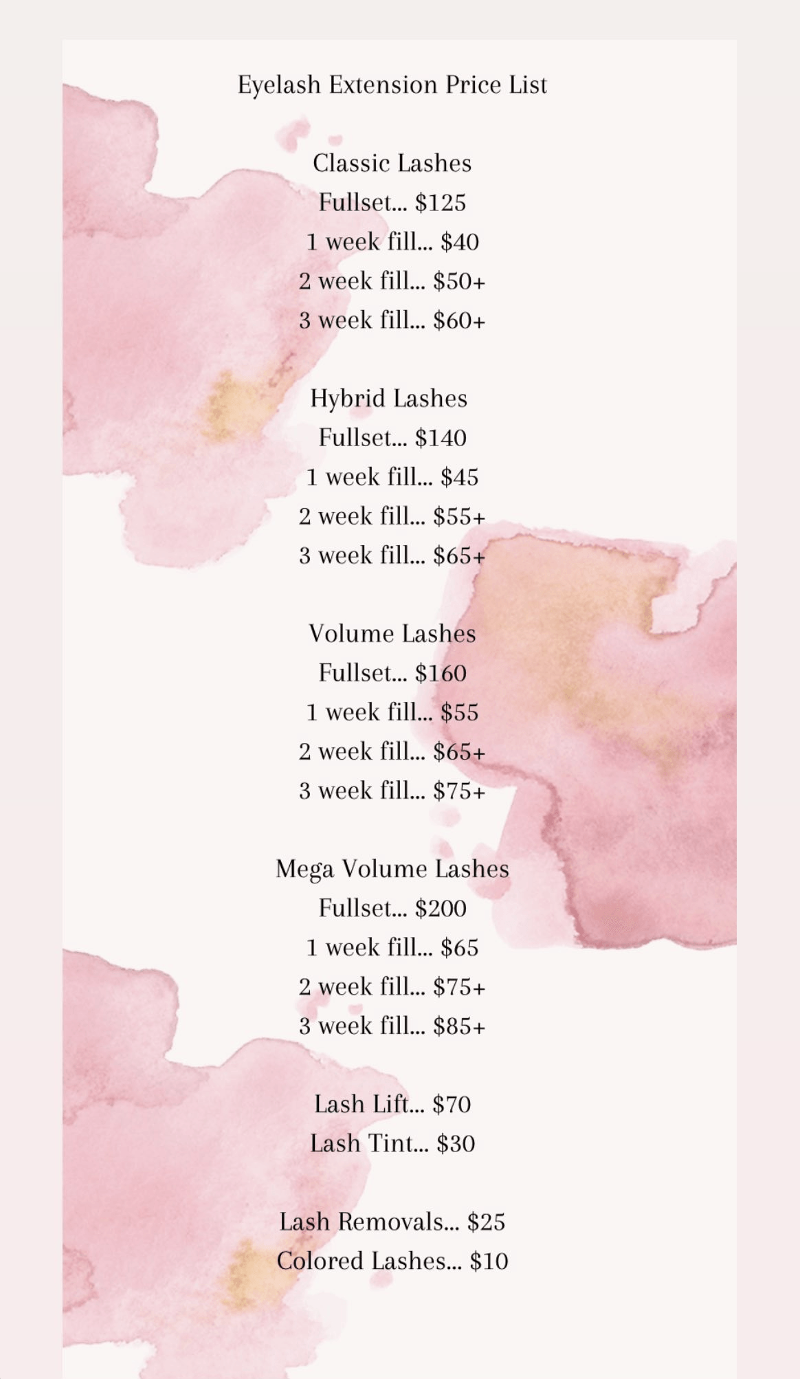 A pink watercolor background with a list of products on it.