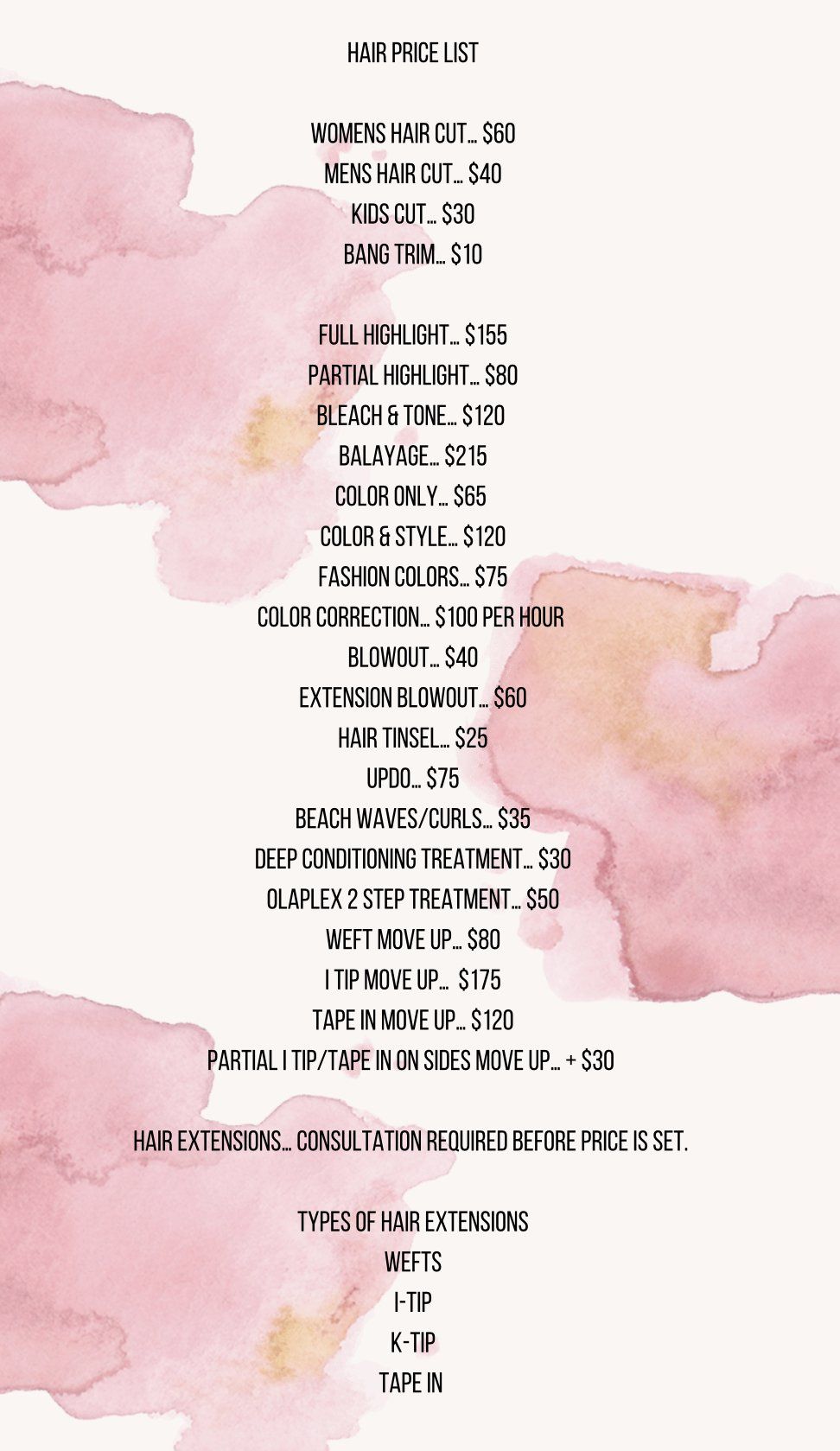A pink watercolor background with a lot of text on it.