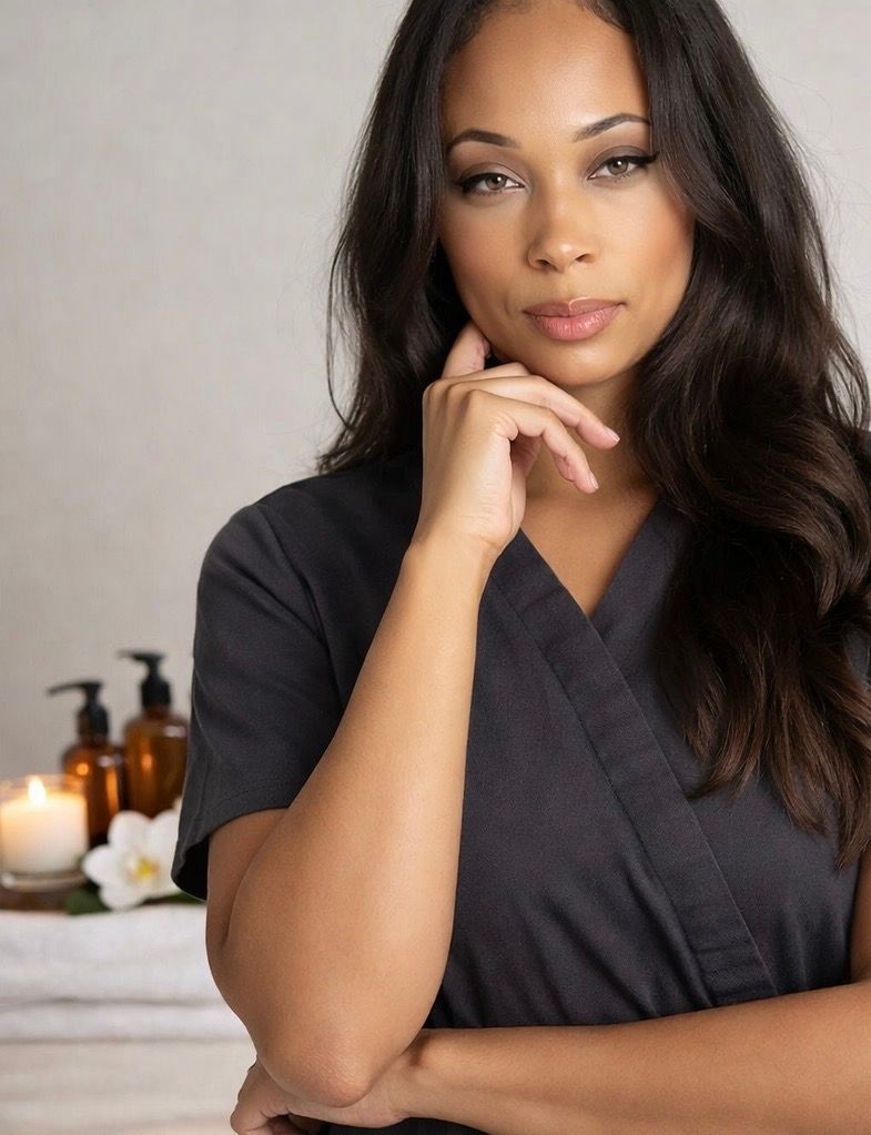 Portrait of a person in a dark robe with a thoughtful pose, beside candles and flowers
