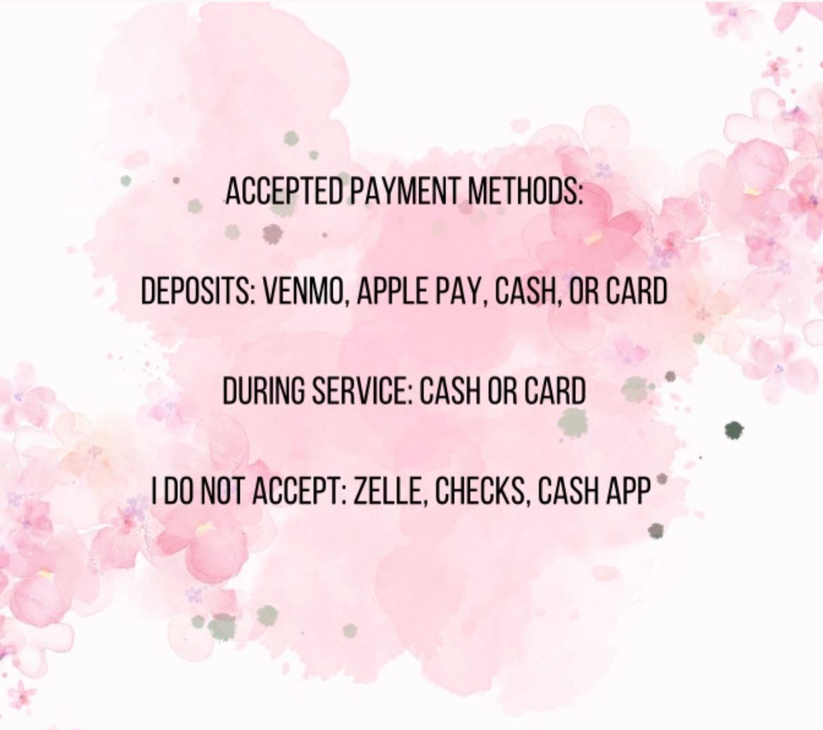 A pink watercolor background with a list of accepted payment methods.