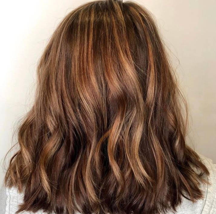 The back of a woman 's brown hair with highlights.
