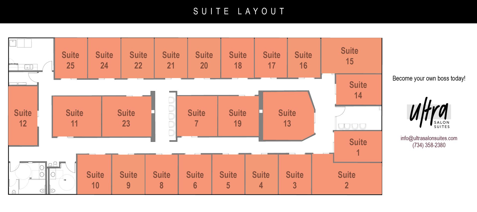 A floor plan of a building showing the suite layout