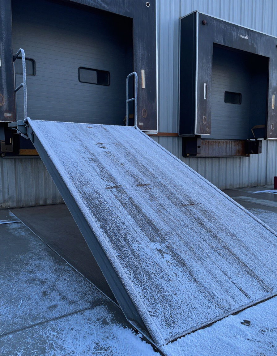 Canadian loading dock and yard ramp in winter industrial setting