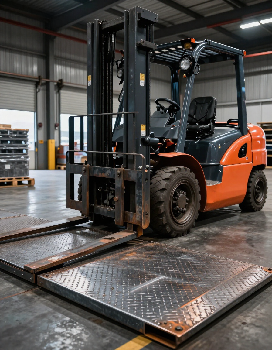 Forklift on steel dock ramp in industrial warehouse