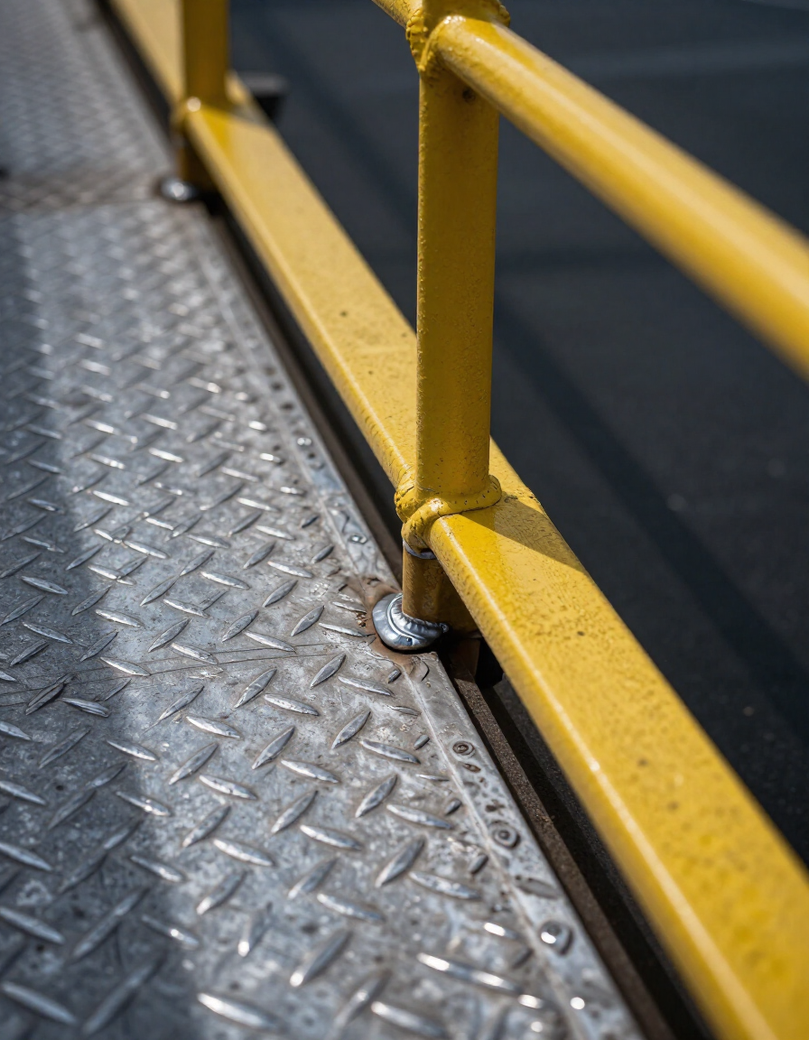 Heavy duty steel dock ramp deck showing weld quality and anti-slip surface texture
