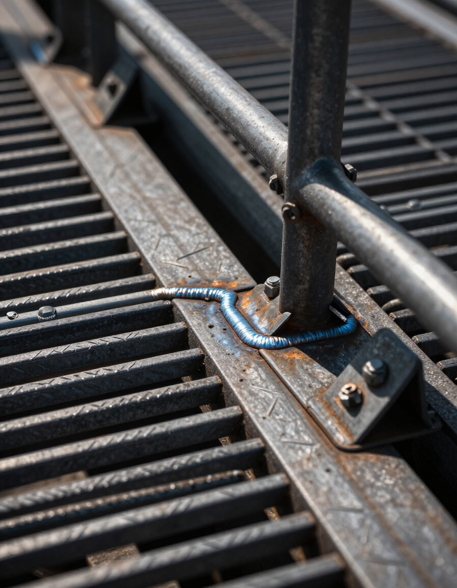 Dock ramp deck surface showing anti-slip bar grating and steel construction