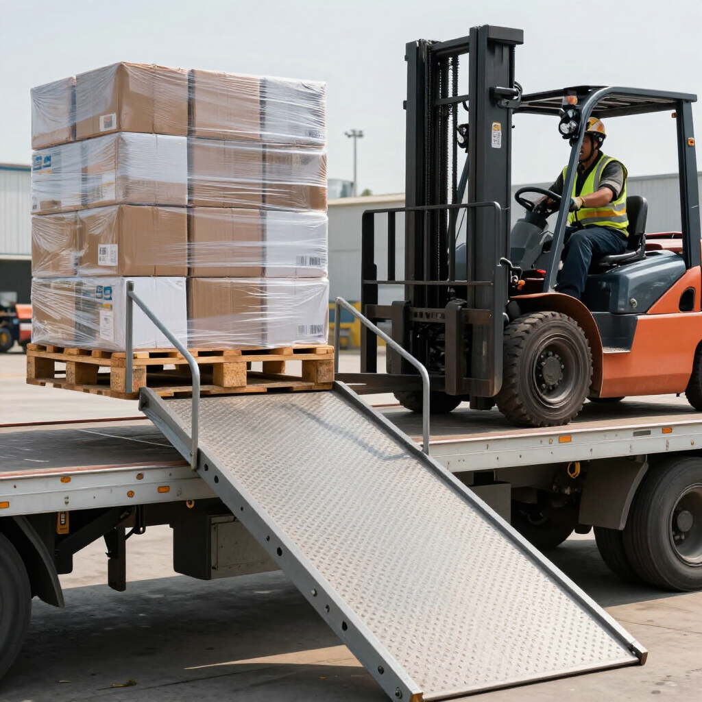 Flatbed trailer loading with yard ramp