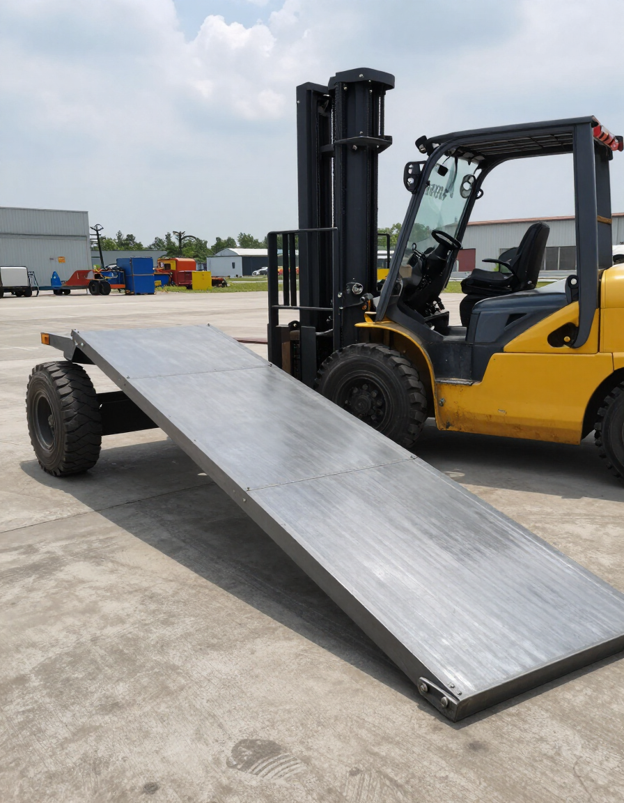 Mobile yard ramp being repositioned in an outdoor industrial yard