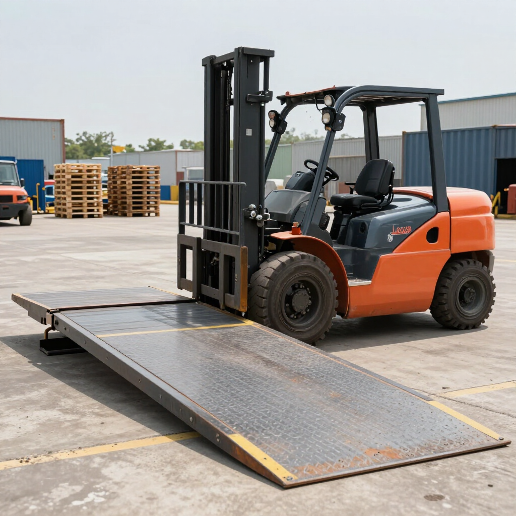 Outdoor forklift approach on a yard ramp