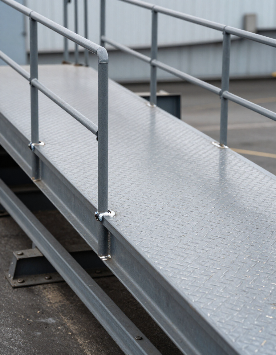 Yard ramp deck showing steel welds, anti-slip surface, and safety rails