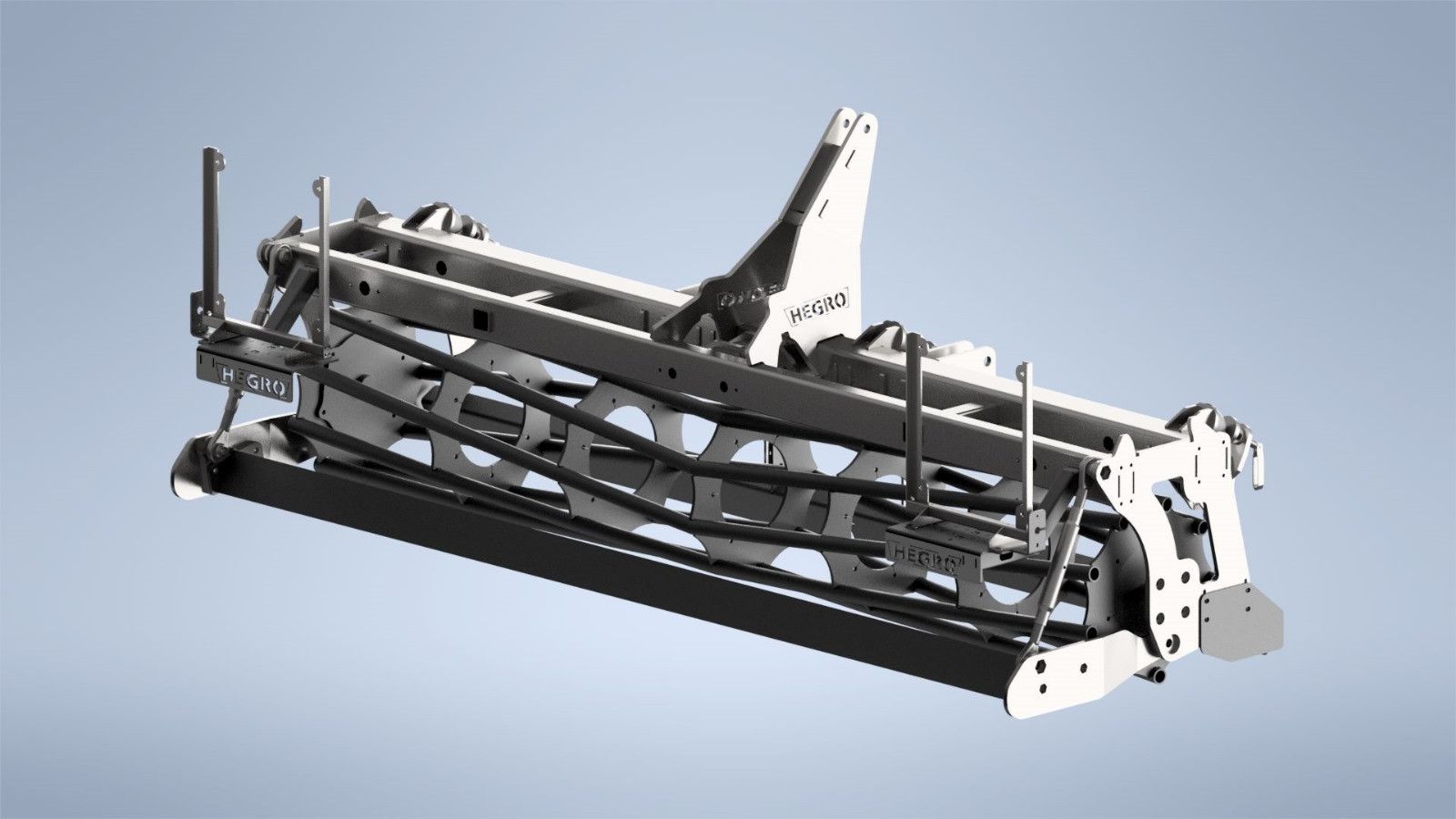Industriële machine, de Hegro Frontegalisator met een zwart metalen frame en witte steunen, afgebeeld op een lichte achtergrond.