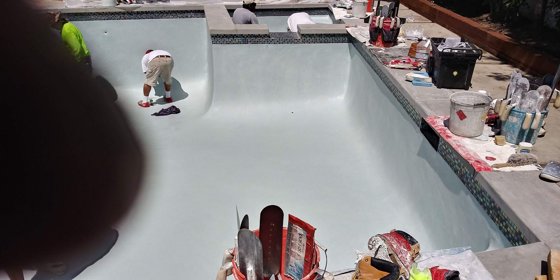 Skate bowl with a small dog standing on the far ledge and a skateboard near the bottom of the ramp