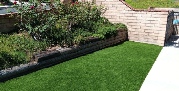Lush green lawn beside a raised flower bed and brick wall, with a concrete walkway on the right