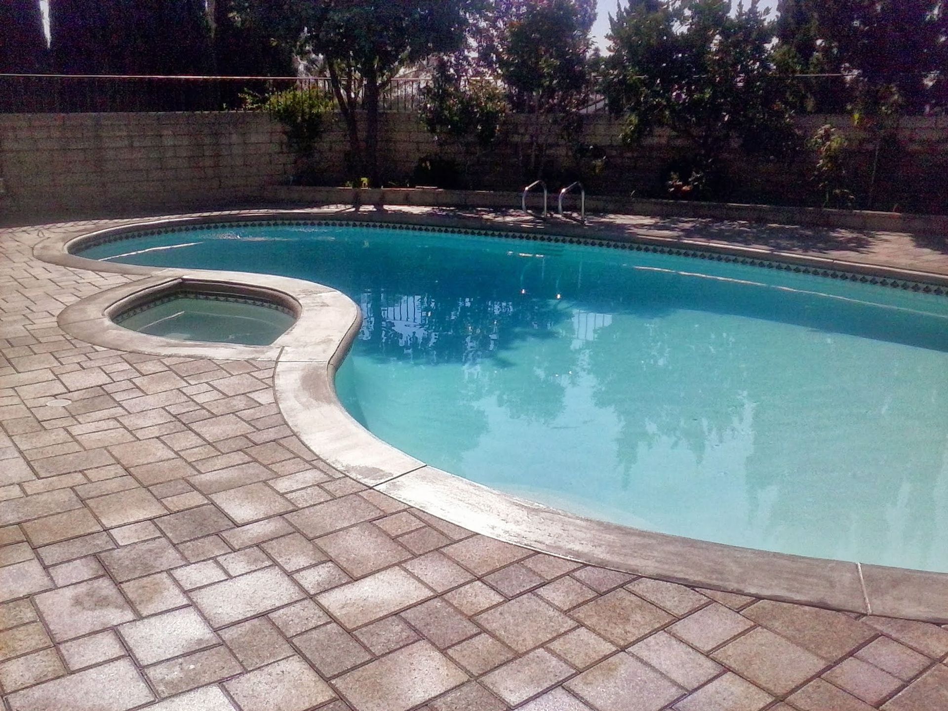 Curved backyard swimming pool with blue water and light stone pavers, bordered by trees and shrubs