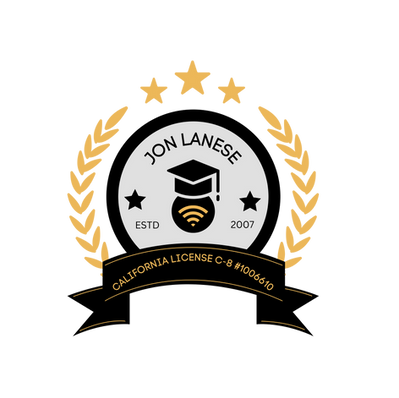 Jon Lanez logo with black and gold shield, stars, laurel branches, and California license C-8 ribbon