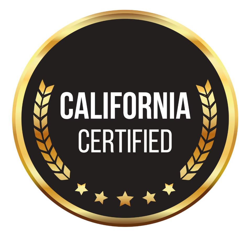 California Certified gold seal badge with black center, laurel wreaths, and stars