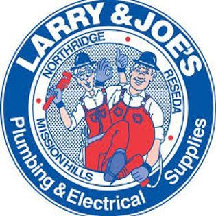 Larry & Joeβs Plumbing & Electrical logo with two cartoon workers in red overalls on a blue-and-white circle