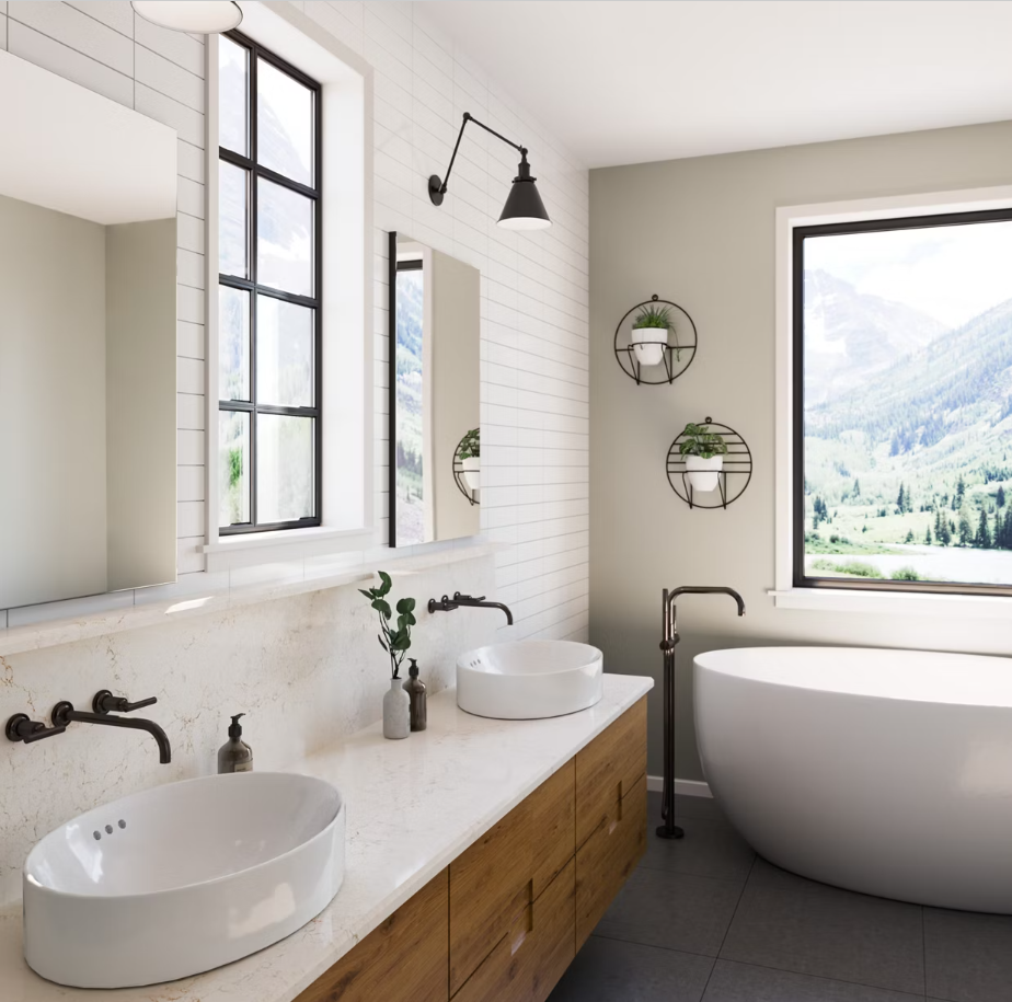 Modern bathroom with double vanity, bathtub, and mountain view.