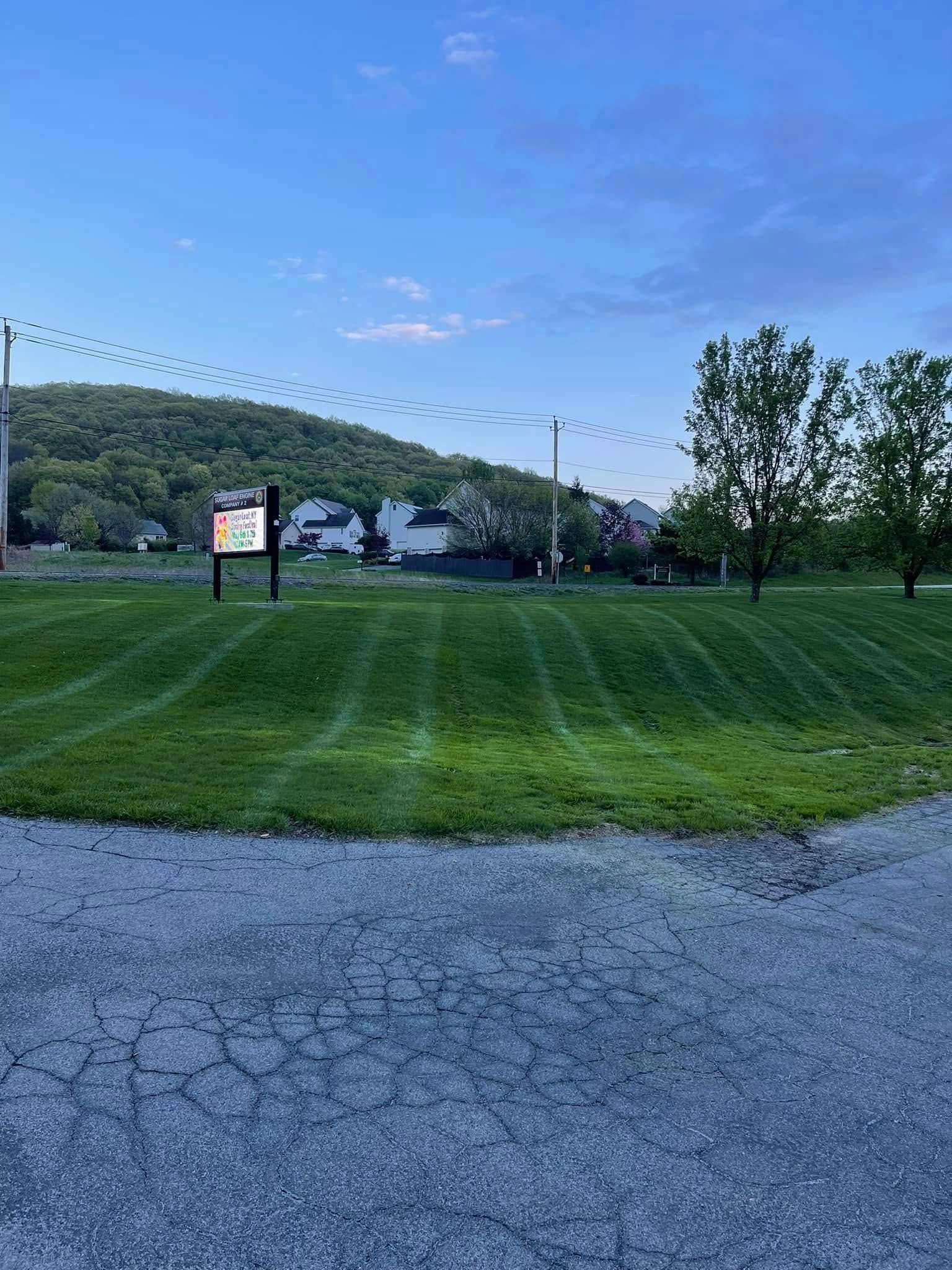 Grassy park with a sign, trees, and hills under a clear blue sky, beside a cracked pavement path