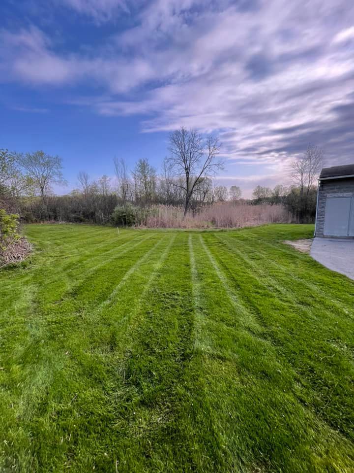 Freshly mowed green lawn with striped grass, trees, blue sky, and part of a garage on the right
