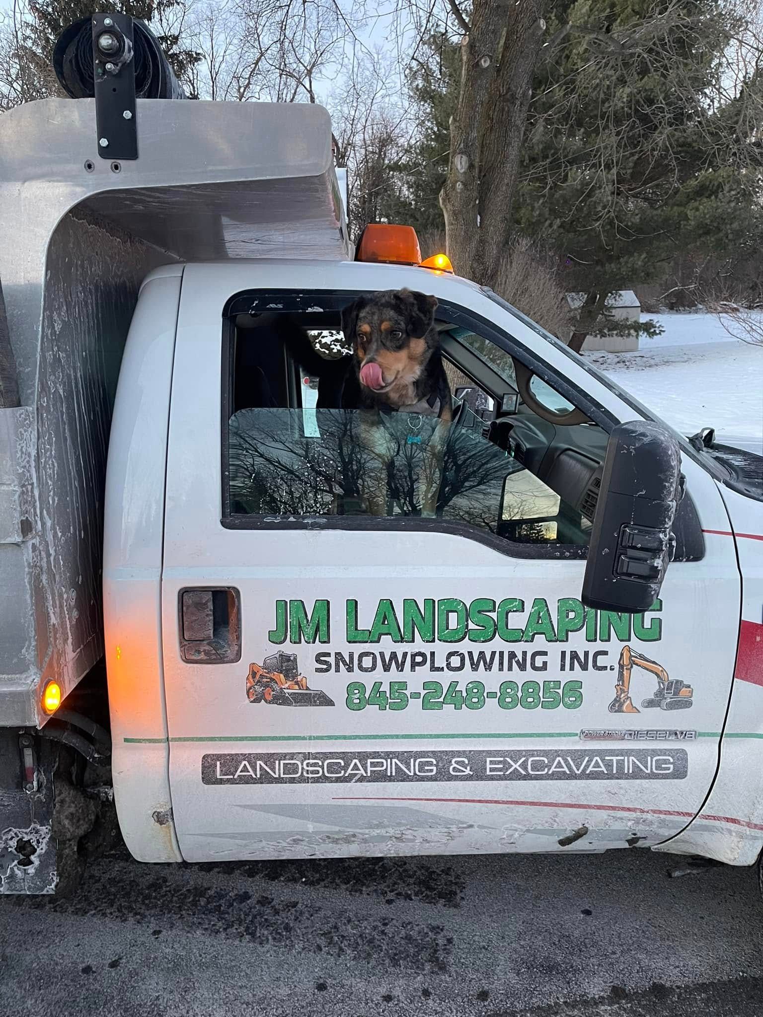 Snowplow truck with driver clearing snow, JL Landscape signage visible on the door.