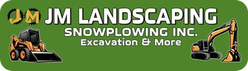 JM Landscaping Snowplowing Inc. logo on green background with excavators and &ldquo;Excavation & More&rdquo; text