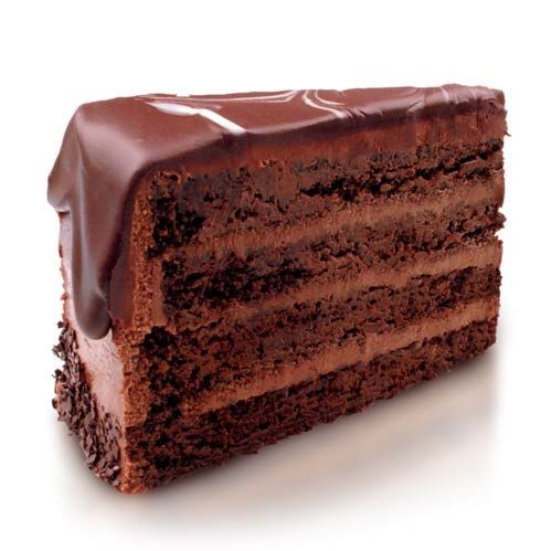 A slice of chocolate cake with chocolate frosting on a white background