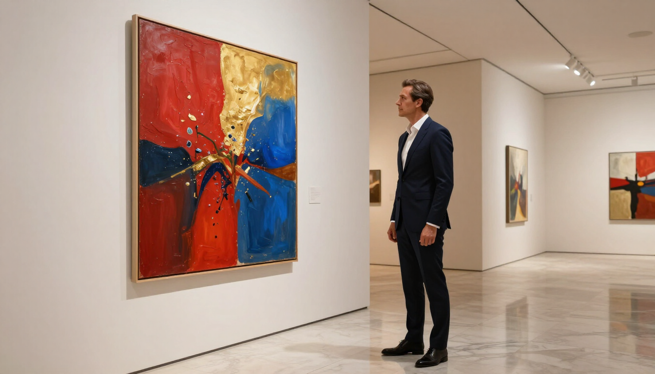 Collector examining abstract painting