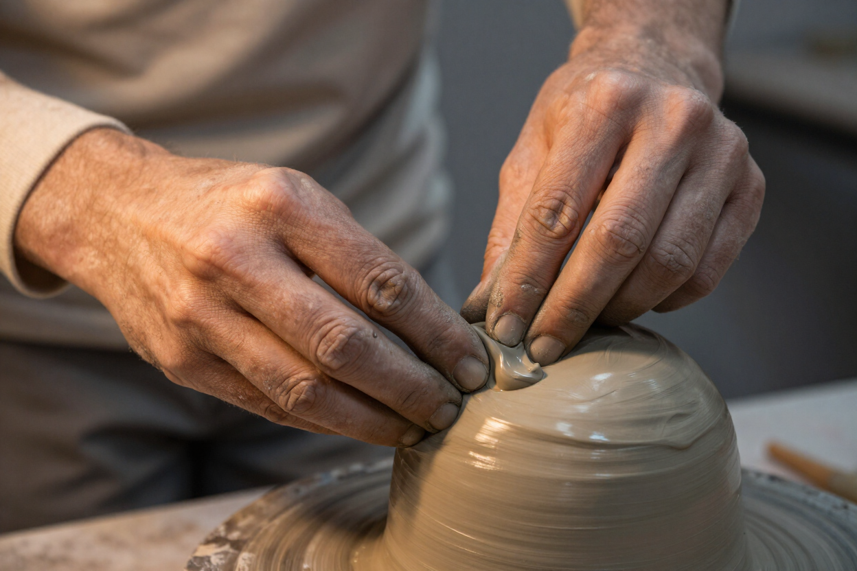 Sculptor hands shaping clay