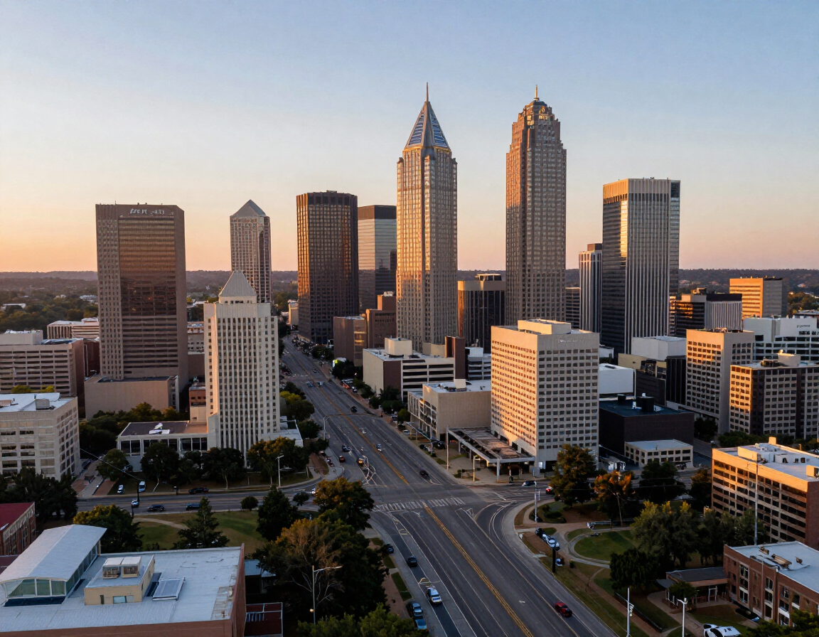 Atlanta aerial view showing major roads and skyline