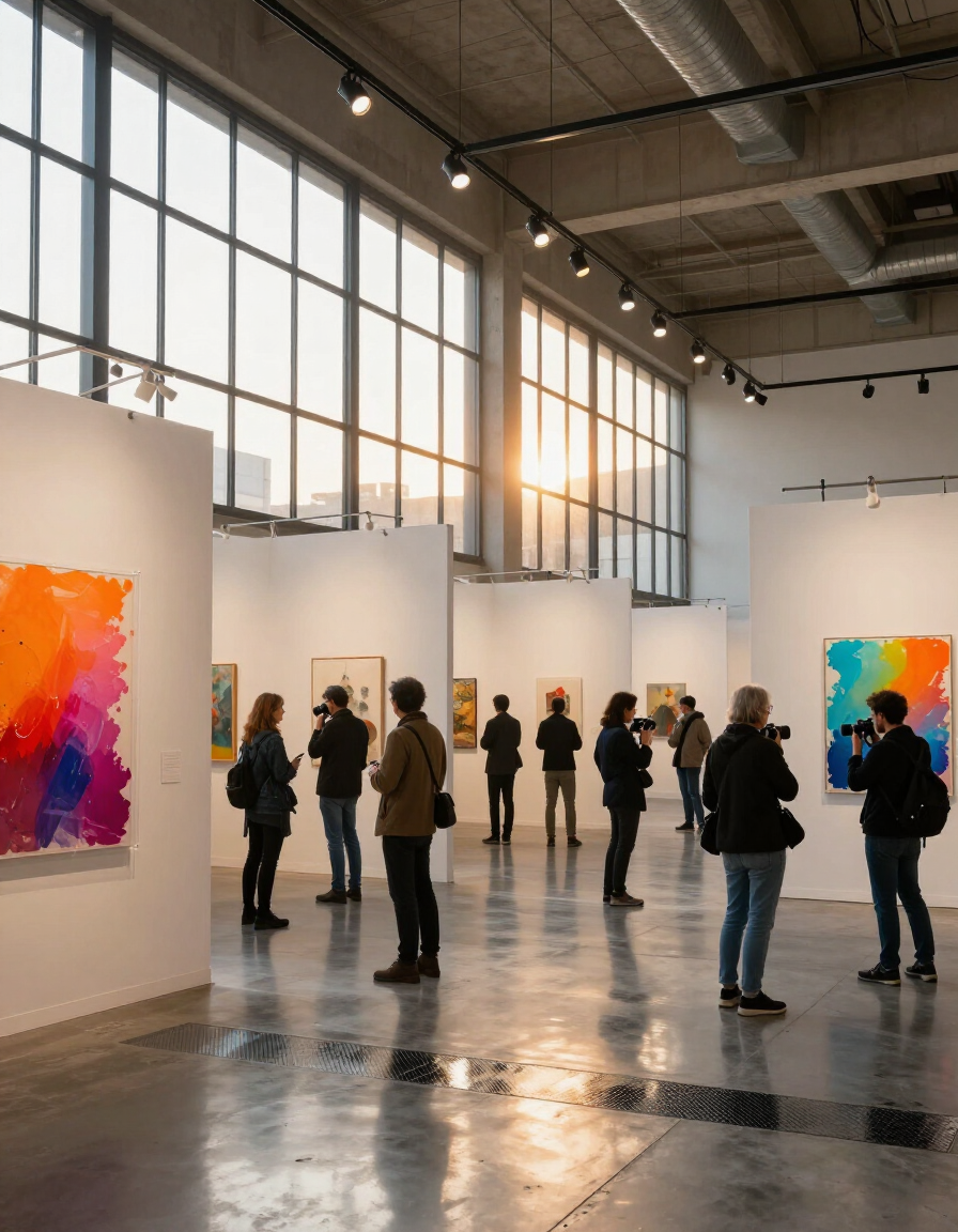 Art fair floor with collectors and press photographers