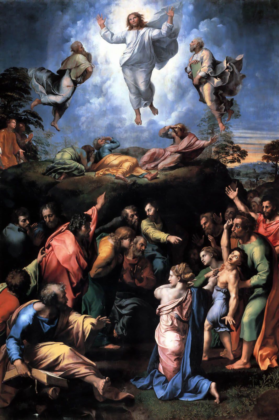 Painting by Raphael Sanzio (1520). The lower half shows the remaining nine diciples trying unsuccessfully to heal a possessed young man.