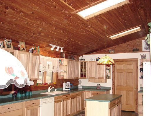 A kitchen with wooden cabinets and a lamp hanging from the ceiling