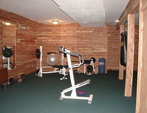A gym with a treadmill a bench and a boxing bag