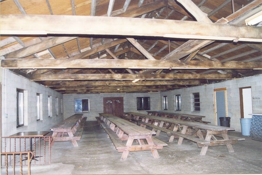 A room with a lot of wooden tables and benches