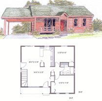 A drawing of a log cabin and its floor plan.