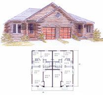 A drawing of a log cabin with a floor plan next to it.