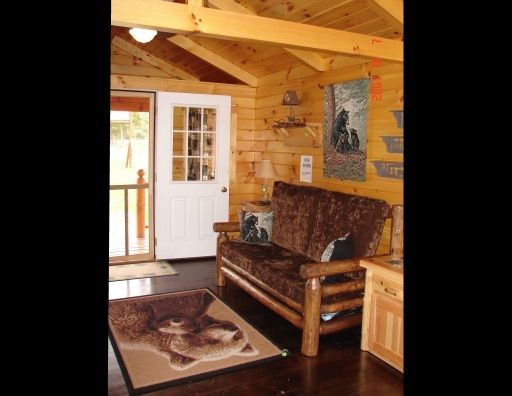 A living room in a log cabin with a couch and rug