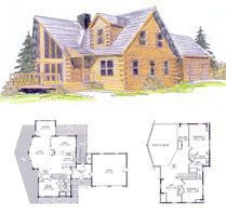 A drawing of a log cabin and a floor plan of the house.