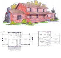 A drawing of a log cabin with a porch and floor plans.