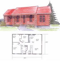 A drawing of a log cabin with a red roof and a floor plan.