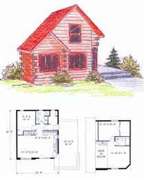 A drawing of a small log cabin with a red roof