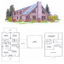 A black and white drawing of a log cabin with floor plans.