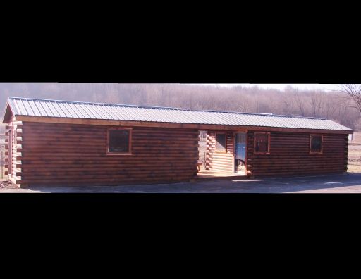 A log cabin with a metal roof and windows