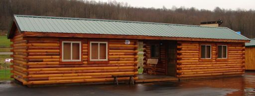 A log cabin with a green roof is sitting in the middle of a forest.