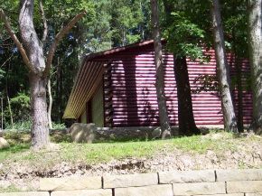 A pink log cabin in the middle of a forest